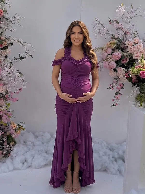 Plum ruffle halter maternity maxi dress with flattering ruching and flowing high-low hem