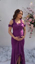 Plum ruffle halter maternity maxi dress with flattering ruching and flowing high-low hem