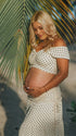 polka dot maternity two piece set off shoulder beach photoshoot outfit with maxi skirt