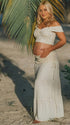 polka dot maternity two piece set off shoulder beach photoshoot outfit with maxi skirt
