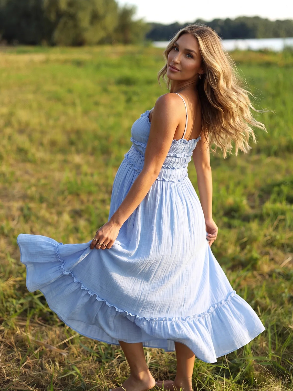 Powder Blue Smocked Maternity Maxi Dress with White Ties | Bumplook