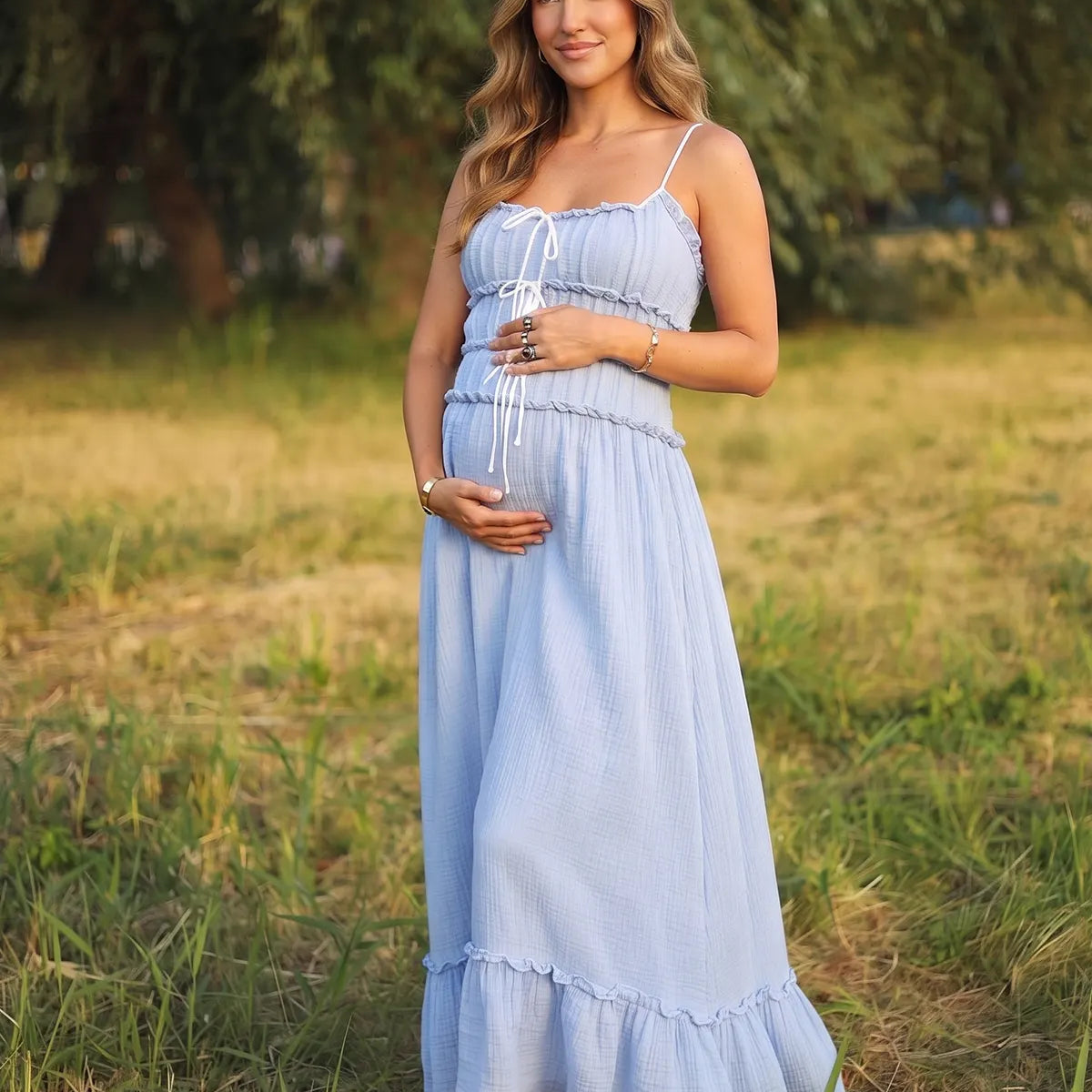 Powder Blue Bow Front Maternity Dress with Smocked Bodice | Bumplook