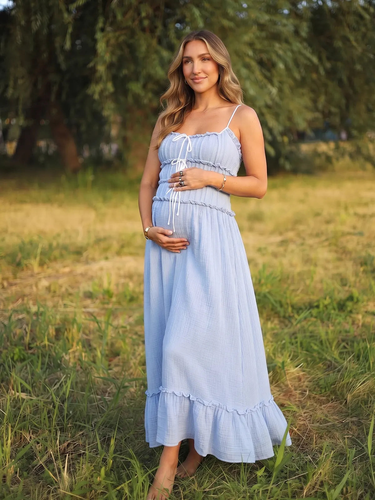 Powder Blue Bow Front Maternity Dress with Smocked Bodice | Bumplook