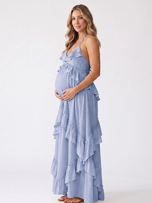 Powder Blue Maternity Maxi Dress with Flowing Ruffle Skirt | Bumplook