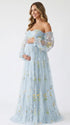 Light Blue Embroidered Maternity Dress with Tulle Skirt and Off Shoulder Sleeves for Baby Shower and Maternity Photoshoot | Bumplook