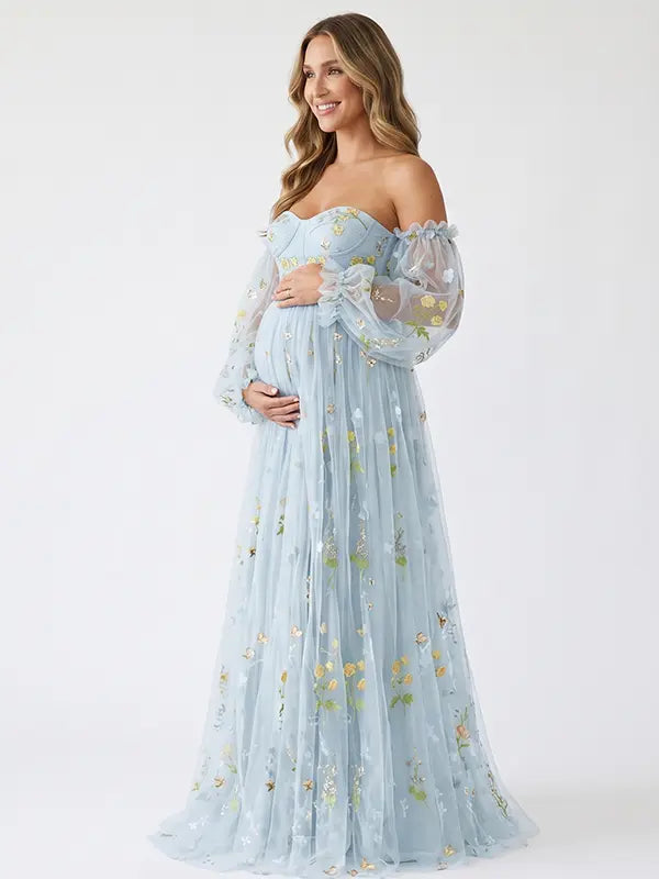 Light Blue Embroidered Maternity Dress with Tulle Skirt and Off Shoulder Sleeves for Baby Shower and Maternity Photoshoot | Bumplook