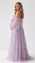 Lavender Corset Maternity Dress with Sweetheart Neckline and Sheer Floral Puff Sleeves for Romantic Pregnancy Photos | Bumplook