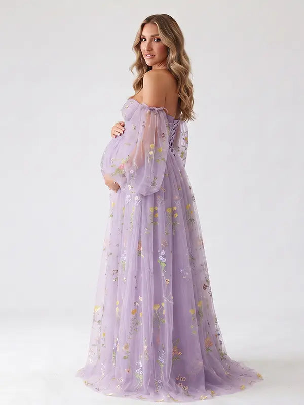 Lavender Corset Maternity Dress with Sweetheart Neckline and Sheer Floral Puff Sleeves for Romantic Pregnancy Photos | Bumplook