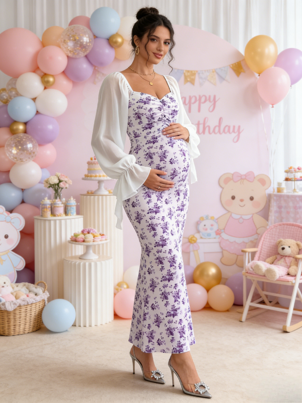Side view of pregnant woman wearing purple floral maternity maxi dress for baby shower