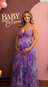 purple floral mesh maternity maxi dress with adjustable lace up back