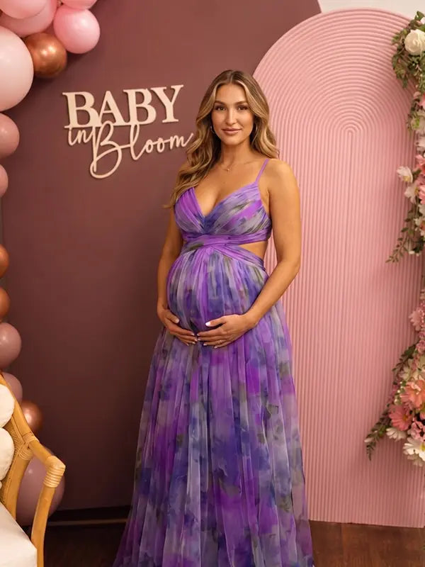 purple floral mesh maternity maxi dress with adjustable lace up back