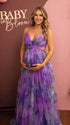 purple floral mesh maternity maxi dress with adjustable lace up back