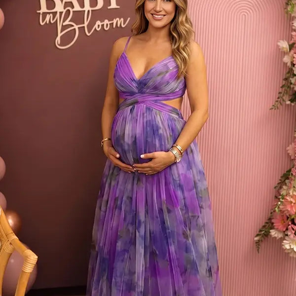purple floral mesh maternity maxi dress with adjustable lace up back