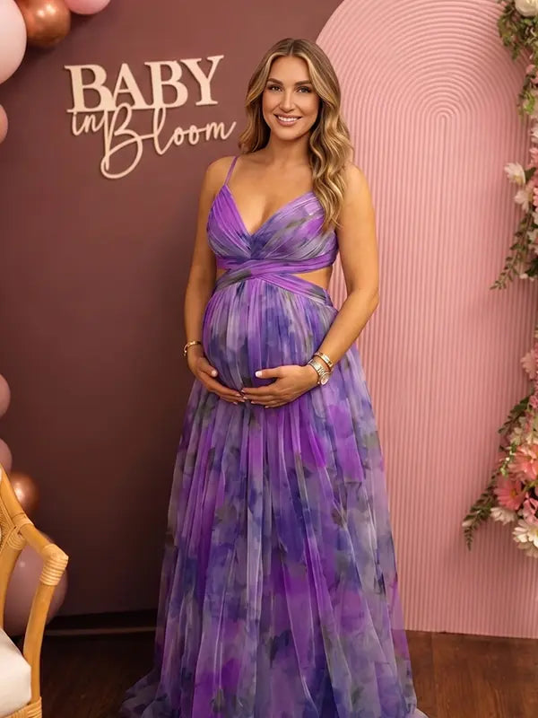 purple floral mesh maternity maxi dress with adjustable lace up back