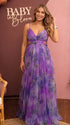 purple floral mesh maternity maxi dress with adjustable lace up back