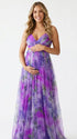 purple floral mesh maternity maxi dress with adjustable lace up back
