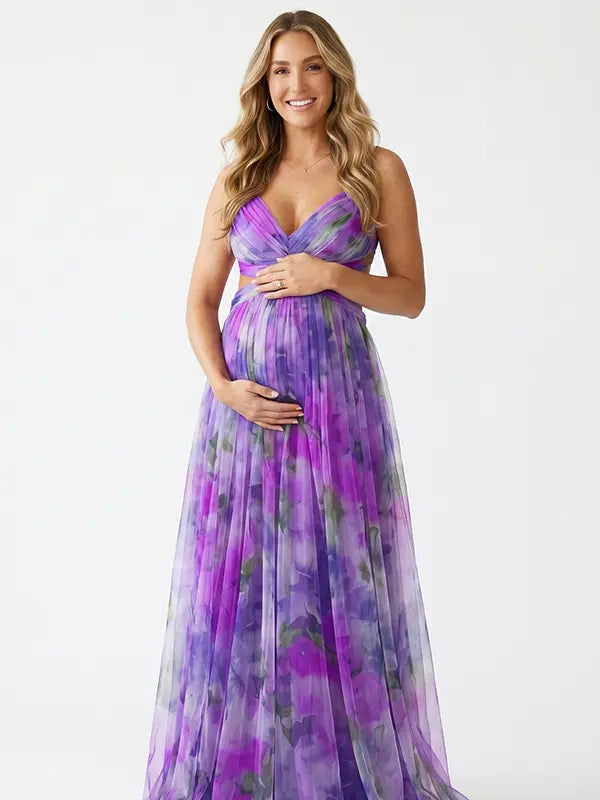 purple floral mesh maternity maxi dress with adjustable lace up back