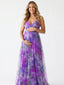 Purple Green Floral Mesh Maternity Maxi Dress with Flowy Skirt