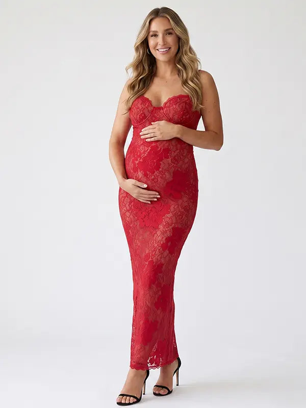 Red Floral Lace Sweetheart Long Sleeve Maternity Maxi Dress for Baby Shower, Maternity Photoshoot, Pregnancy Announcement, Valentine's Day, Christmas and Holiday Events | Bumplook