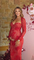Red Floral Lace Sweetheart Long Sleeve Maternity Maxi Dress for Baby Shower, Maternity Photoshoot, Pregnancy Announcement, Valentine's Day, Christmas and Holiday Events | Bumplook