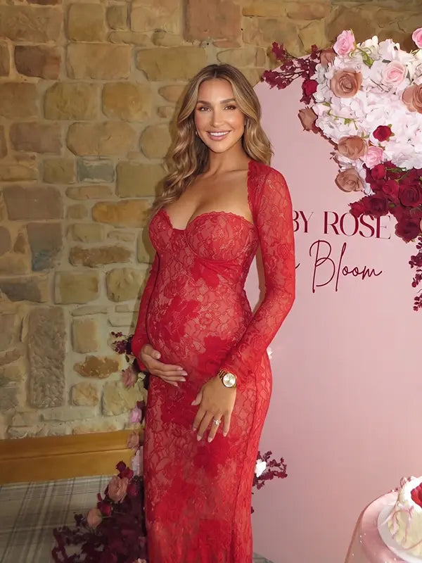 Red Floral Lace Sweetheart Long Sleeve Maternity Maxi Dress for Baby Shower, Maternity Photoshoot, Pregnancy Announcement, Valentine's Day, Christmas and Holiday Events | Bumplook