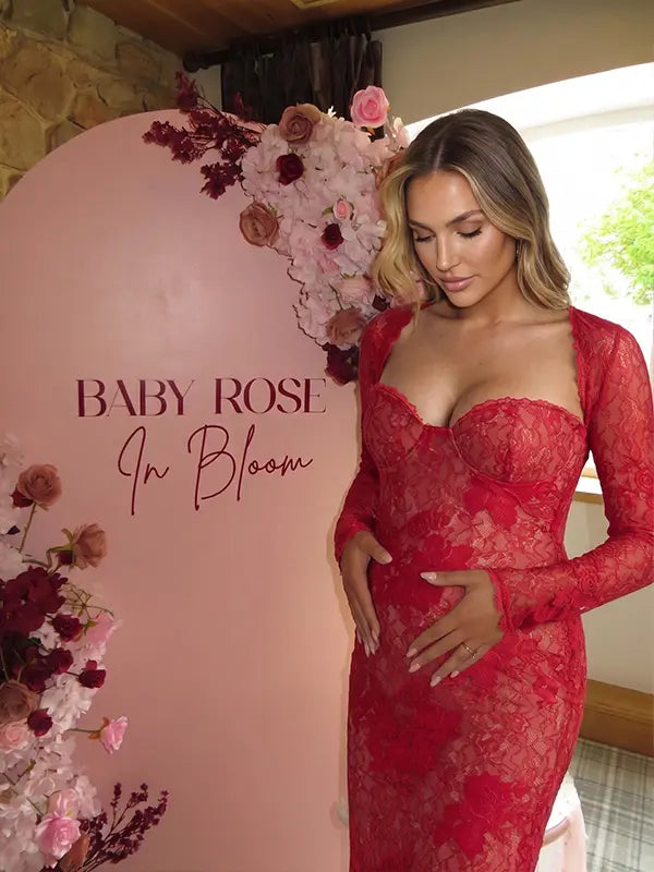 Red Floral Lace Sweetheart Long Sleeve Maternity Maxi Dress for Baby Shower, Maternity Photoshoot, Pregnancy Announcement, Valentine's Day, Christmas and Holiday Events | Bumplook