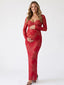 Red Floral Lace Sweetheart Maternity Maxi Dress with Long Sleeves