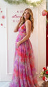 red floral mesh maternity maxi dress backless pregnancy photoshoot gown