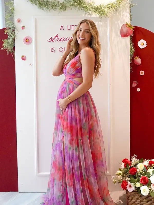 red floral mesh maternity maxi dress backless pregnancy photoshoot gown