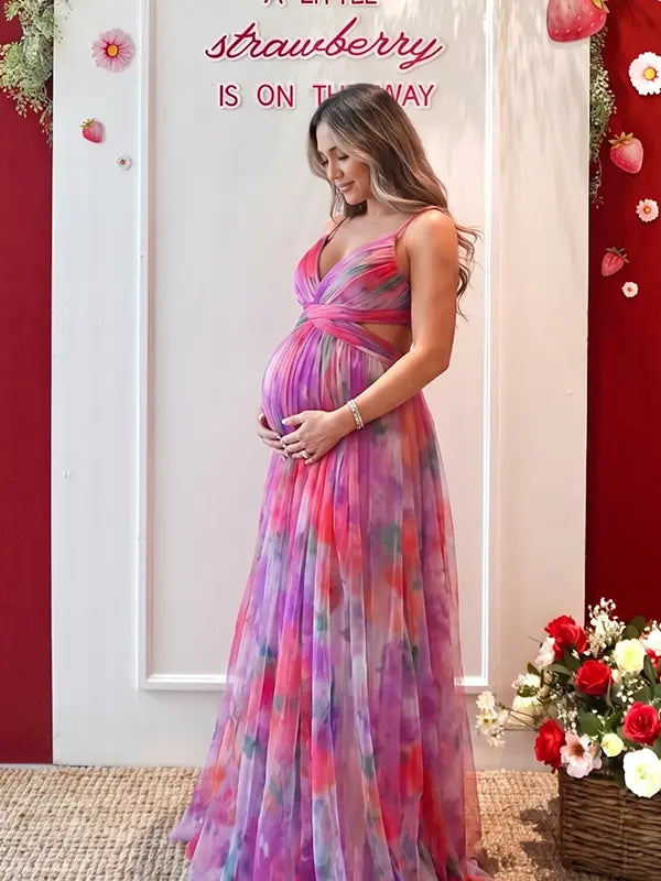 red floral mesh maternity maxi dress backless pregnancy photoshoot gown
