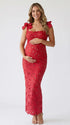red lace maternity maxi dress with adjustable bow shoulder straps