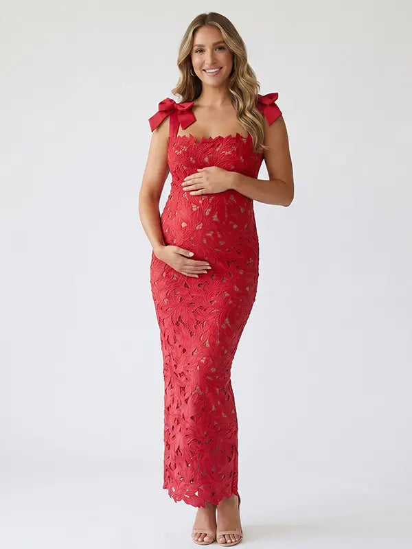 red lace maternity maxi dress with adjustable bow shoulder straps