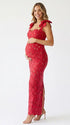 red lace maternity maxi dress with adjustable bow shoulder straps