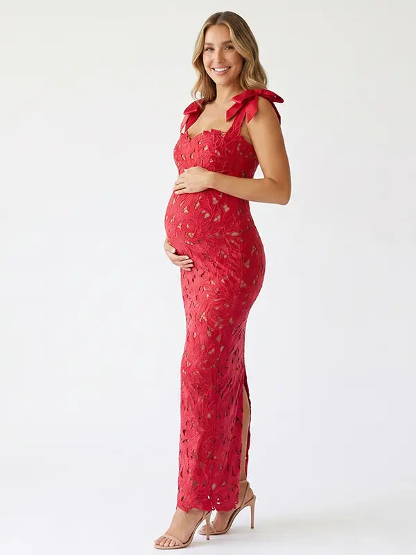 red lace maternity maxi dress with adjustable bow shoulder straps