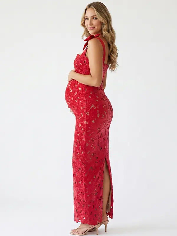 red lace maternity maxi dress with adjustable bow shoulder straps