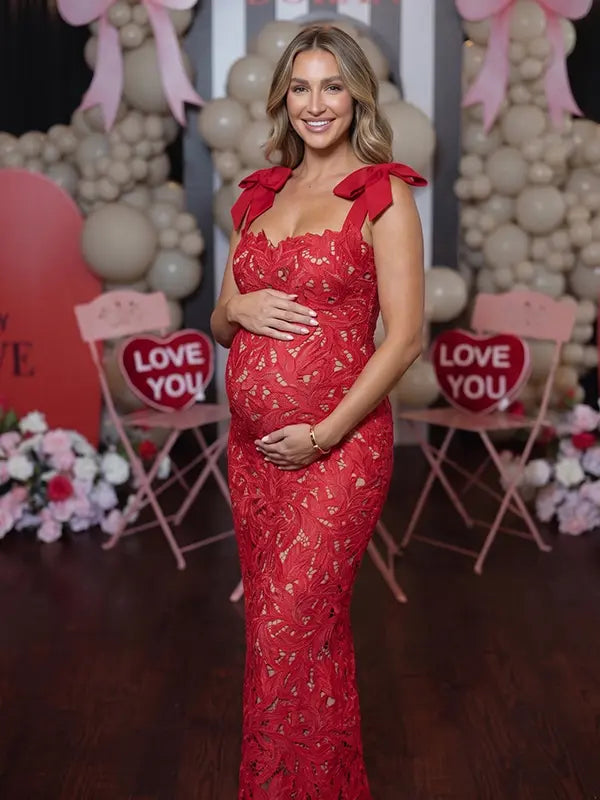 red lace maternity maxi dress with adjustable bow shoulder straps