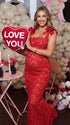red lace maternity maxi dress with adjustable bow shoulder straps