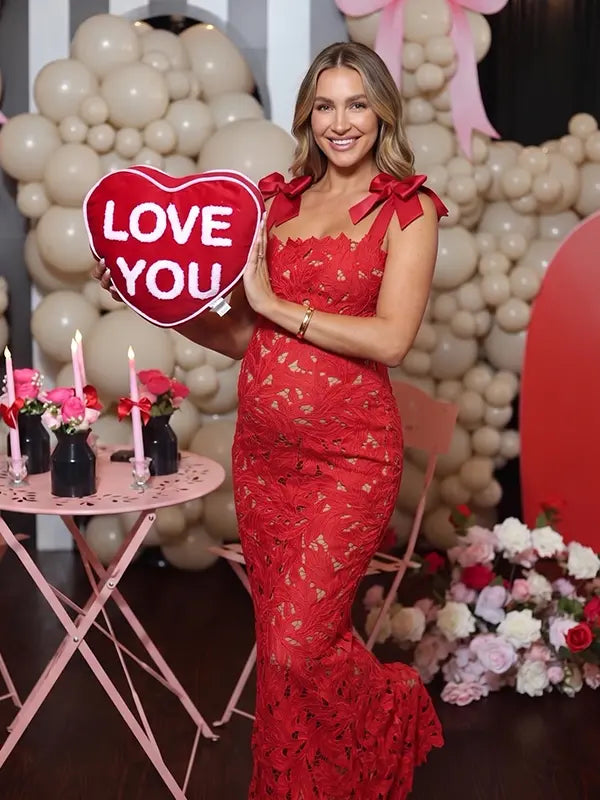 red lace maternity maxi dress with adjustable bow shoulder straps