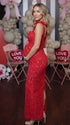 red lace maternity maxi dress with adjustable bow shoulder straps