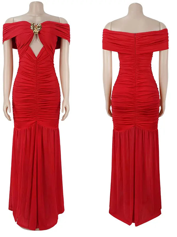 Red Off Shoulder Ruched Maternity Maxi Dress for Baby Shower and Maternity Photoshoot