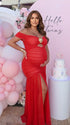 Red Off Shoulder Ruched Maternity Maxi Dress for Baby Shower and Maternity Photoshoot