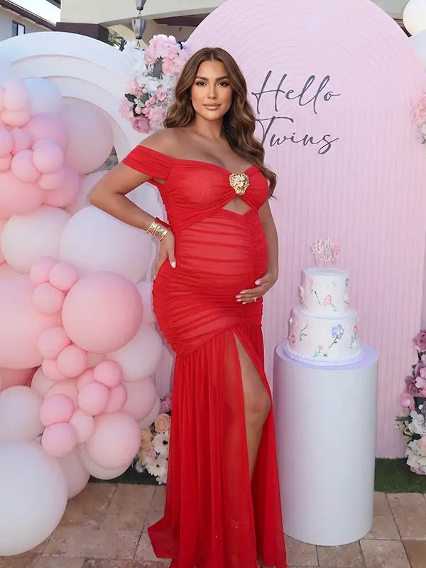 Red Off Shoulder Ruched Maternity Maxi Dress for Baby Shower and Maternity Photoshoot