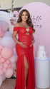 Red Off Shoulder Ruched Maternity Maxi Dress for Baby Shower and Maternity Photoshoot