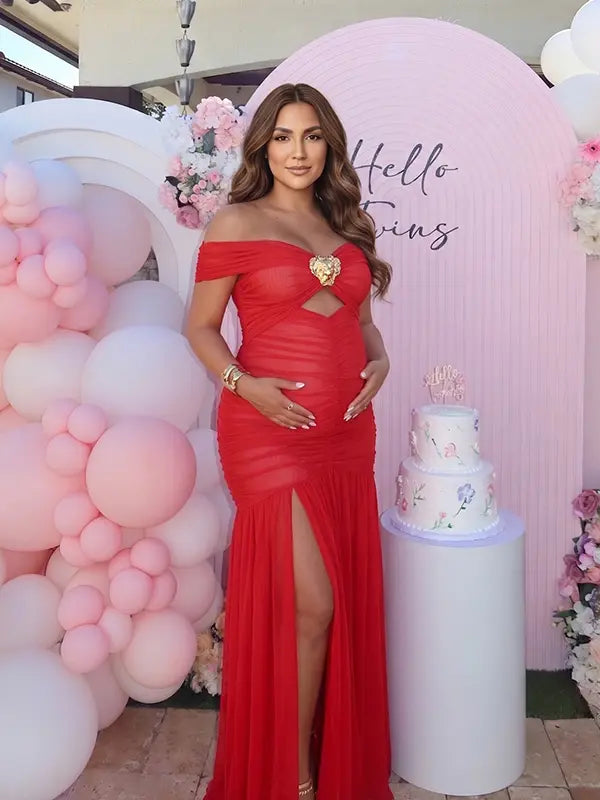 Red Off Shoulder Ruched Maternity Maxi Dress for Baby Shower and Maternity Photoshoot