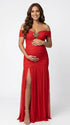 Red Off Shoulder Ruched Maternity Maxi Dress for Baby Shower and Maternity Photoshoot