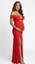 Red Off Shoulder Ruched Maternity Maxi Dress for Baby Shower and Maternity Photoshoot