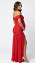 Red Off Shoulder Ruched Maternity Maxi Dress for Baby Shower and Maternity Photoshoot