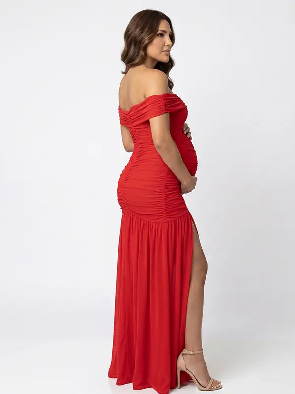 Red Off Shoulder Ruched Maternity Maxi Dress for Baby Shower and Maternity Photoshoot