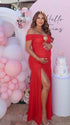 Red Off Shoulder Ruched Maternity Maxi Dress for Baby Shower and Maternity Photoshoot