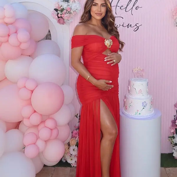 Red Off Shoulder Ruched Maternity Maxi Dress for Baby Shower and Maternity Photoshoot